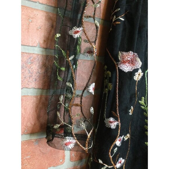 Black Floral Embroidered Dress Size M Long Mesh Sleeves Whimsigoth Fairygrunge - Picture 5 of 13